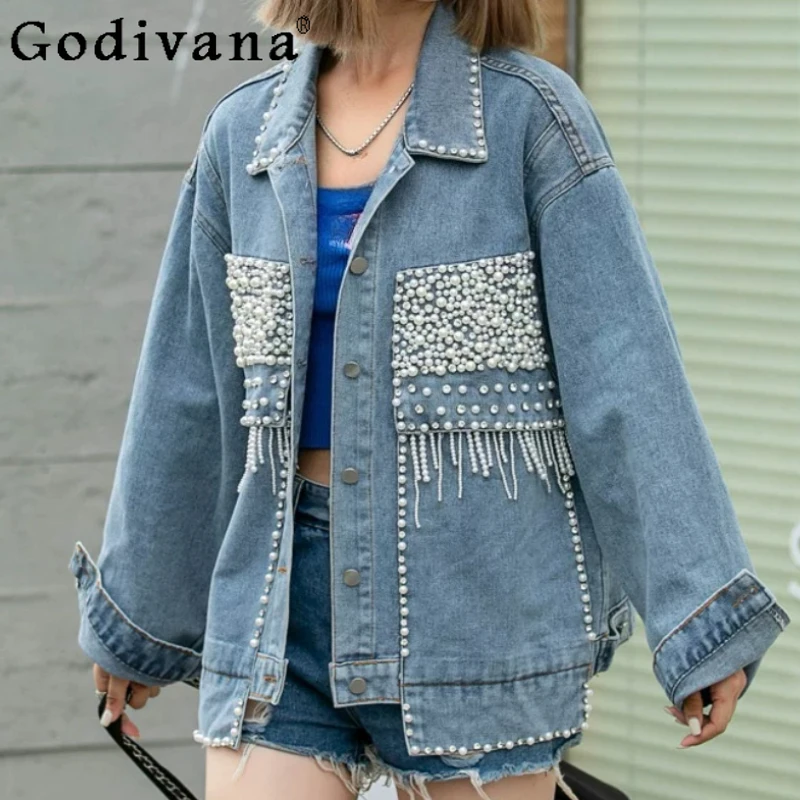 Spring Autumn New Loose Heavy Industry Beads Diamond Women Plus Size Denim Jacket Fashion Age-reducing Chic Solid Color Tops
Spring Autumn New Loose Heavy Industry Beads Diamond Women Plus Size Denim Jacket Fashion Age-reducing Chic Solid Color Tops