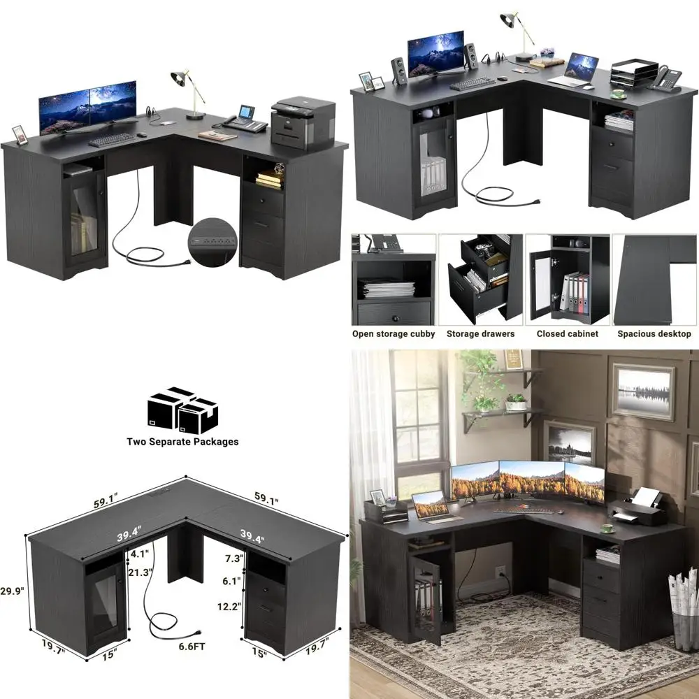 60 Inch L-Shaped Office Desk with Drawer, Power Outlet, and USB Charging Port, Large Corner Desk for Computer
60 Inch L-Shaped Office Desk with Drawer, Power Outlet, and USB Charging Port, Large Corner Desk for Computer