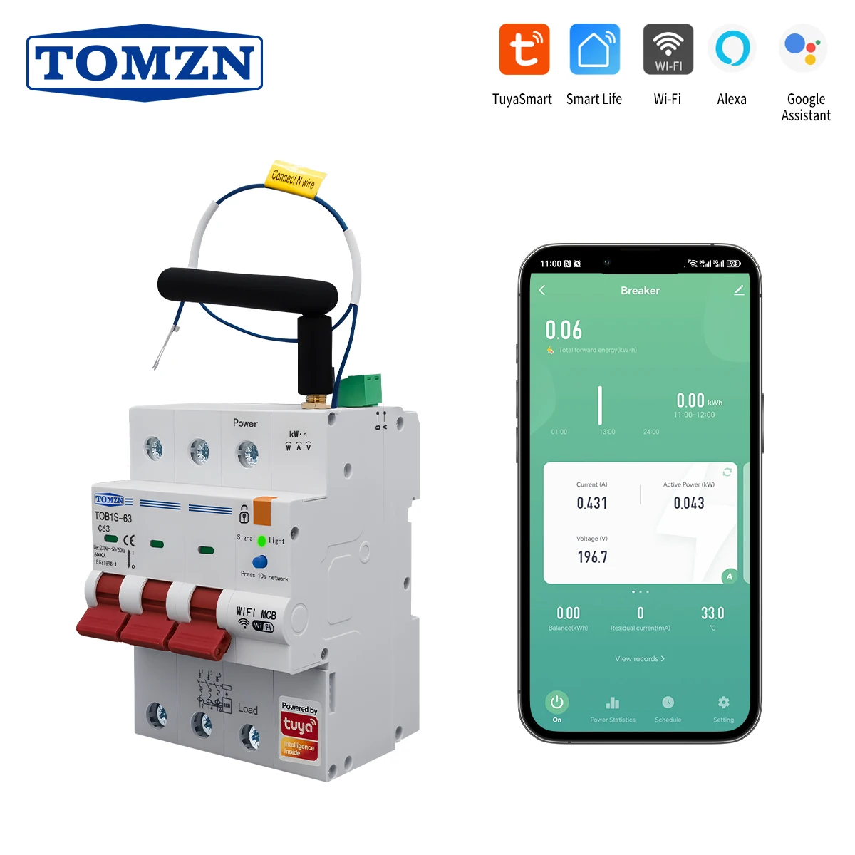TOMZN Three Phase 3P+N WIFI Smart Circuit Breaker TUYA Smartlife RS485 Modbus Lock Din Rail OVP OCP UVP Short-circuit Protection 
TOMZN Three Phase 3P+N WIFI Smart Circuit Breaker TUYA Smartlife RS485 Modbus Lock Din Rail OVP OCP UVP Short-circuit Protection