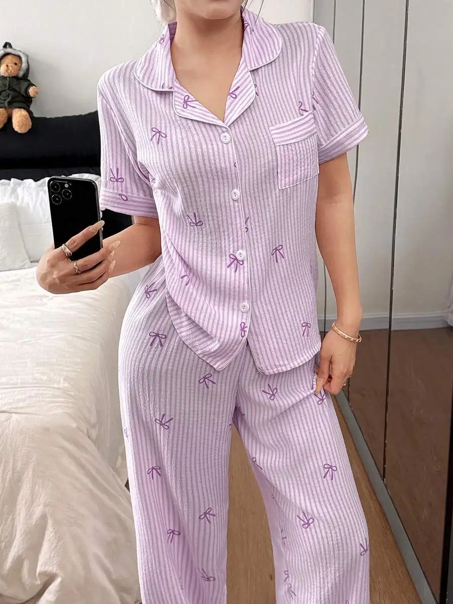 Pink Striped Bow Print Lapel Short Sleeve Women Pajama Set
Pink Striped Bow Print Lapel Short Sleeve Women Pajama Set