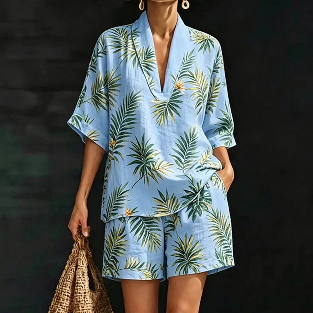 Summer Women's Two-Piece Set Green Leaves Printed Pattern V-Neck Loose Top with Shorts Casual Lightweight Outfit for Daily Wear
Summer Women's Two-Piece Set Green Leaves Printed Pattern V-Neck Loose Top with Shorts Casual Lightweight Outfit for Daily Wear