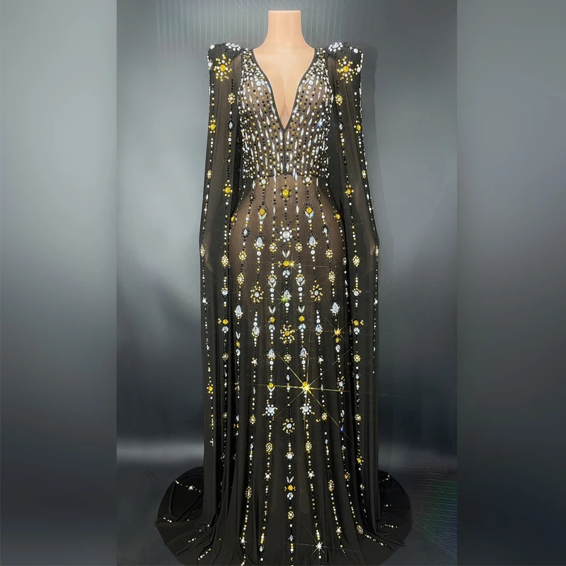 Black Shawl Full Diamond Dress Sexy See-Through Mesh Tail Evening Dress Birthday Celebrate Dance Costumes Jazz Outfit XS4838
Black Shawl Full Diamond Dress Sexy See-Through Mesh Tail Evening Dress Birthday Celebrate Dance Costumes Jazz Outfit XS4838