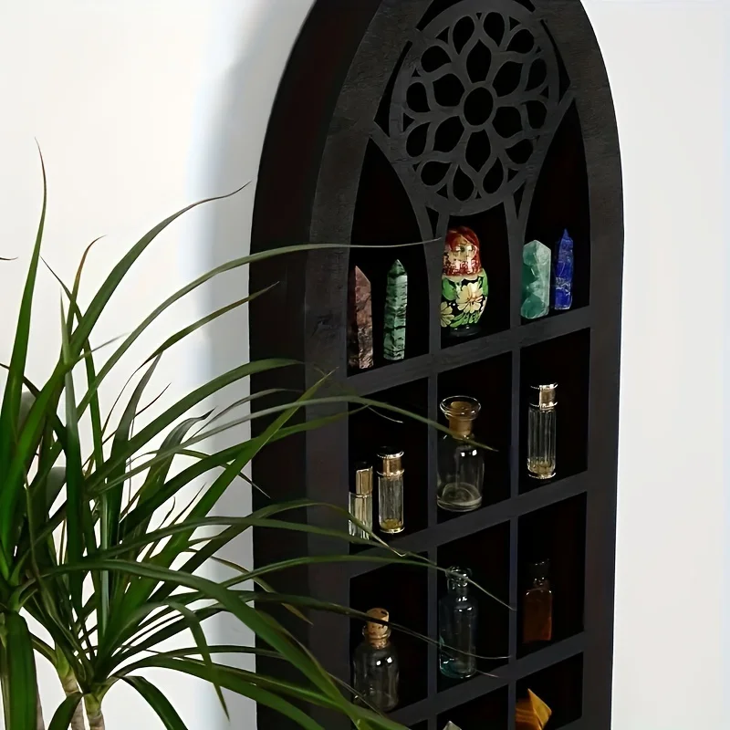 1pc Arched Wooden Crystal Display Shelf, Gothic Window Style, For Easter Halloween Gifts, Black Wall Mounted Decor Rack Utility
1pc Arched Wooden Crystal Display Shelf, Gothic Window Style, For Easter Halloween Gifts, Black Wall Mounted Decor Rack Utility