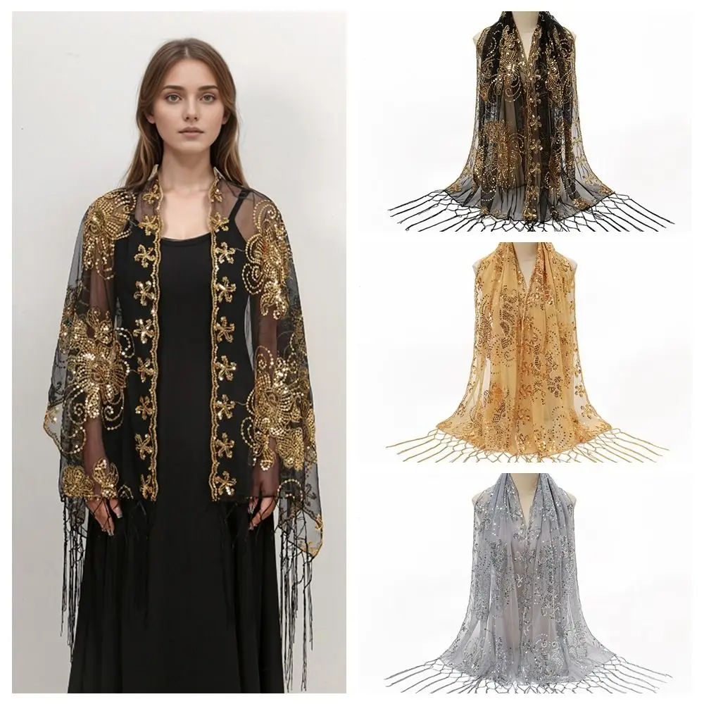 Sweet Mesh Sequin Shawls Glitter Transparent Evening Dresses Scarves Neckerchief Sunscreen Tassels Scarf Outdoor
Sweet Mesh Sequin Shawls Glitter Transparent Evening Dresses Scarves Neckerchief Sunscreen Tassels Scarf Outdoor