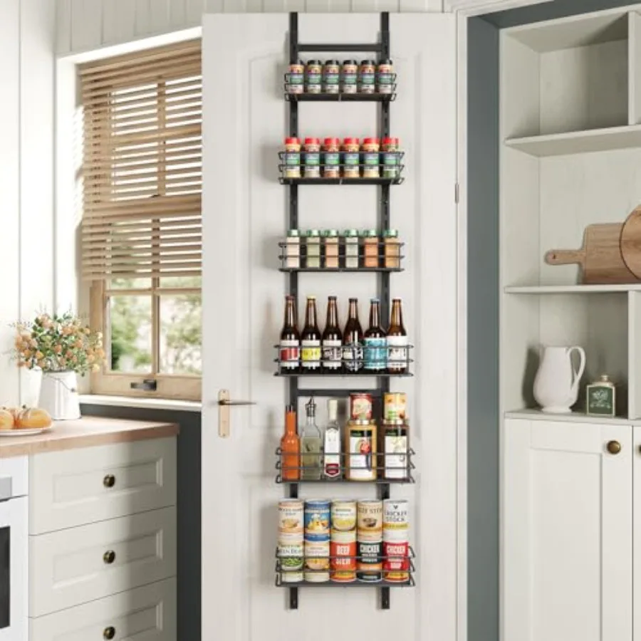 6-Tier over the door pantry organizer for kitchen use, made of durable metal in black color, featuring adjustable shelves and s
6-Tier over the door pantry organizer for kitchen use, made of durable metal in black color, featuring adjustable shelves and s