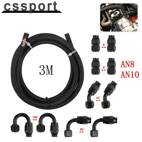 10Pc uniwersalny AN8 AN10 PTFE 3M nylonowy pleciony wąż paliwowy koniec 0 + 45 + 90 + 180 stopni wąż paliwowy armatura do węży zestaw adapterów czarny