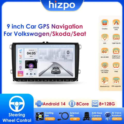 Hizpo 2din Carplay Android 14 UIS7862 Car Radio Multimedia Player for Volkswagen Golf Polo Tiguan Passat B7 B6 SEAT Leon DSP RDS
