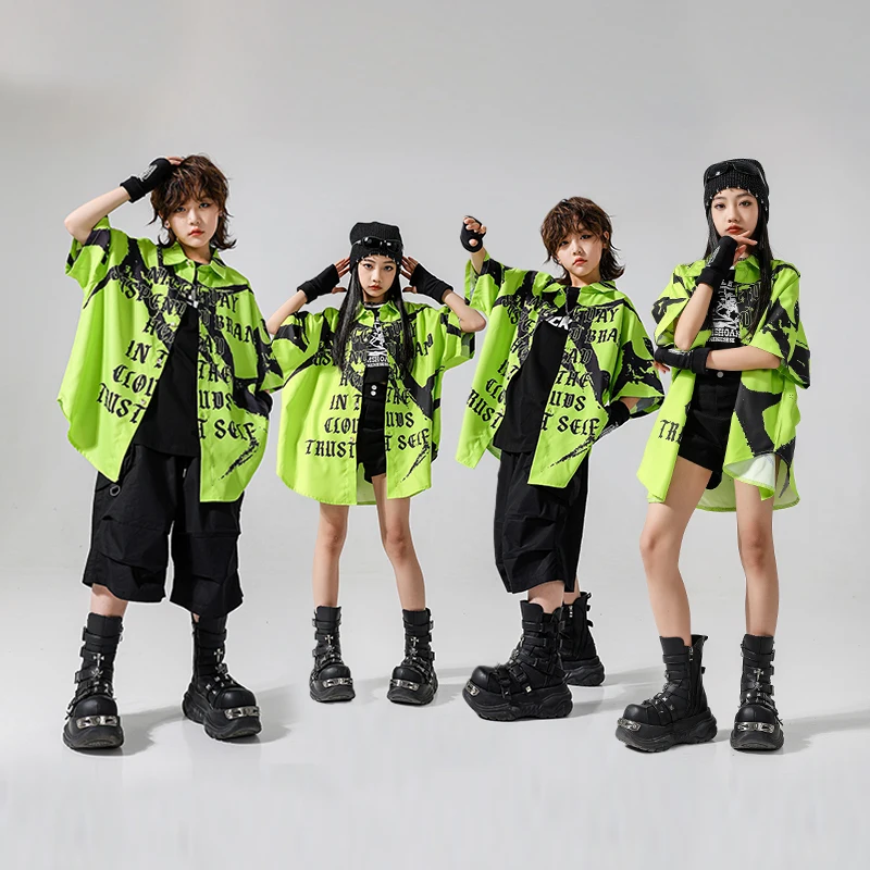 Boys Hip Hop Short Sleeved Green Shirt Street Dance Cargo Shorts Girls Fire Blouse Children Summer Streetwear Kids Clothes Sets
Boys Hip Hop Short Sleeved Green Shirt Street Dance Cargo Shorts Girls Fire Blouse Children Summer Streetwear Kids Clothes Sets