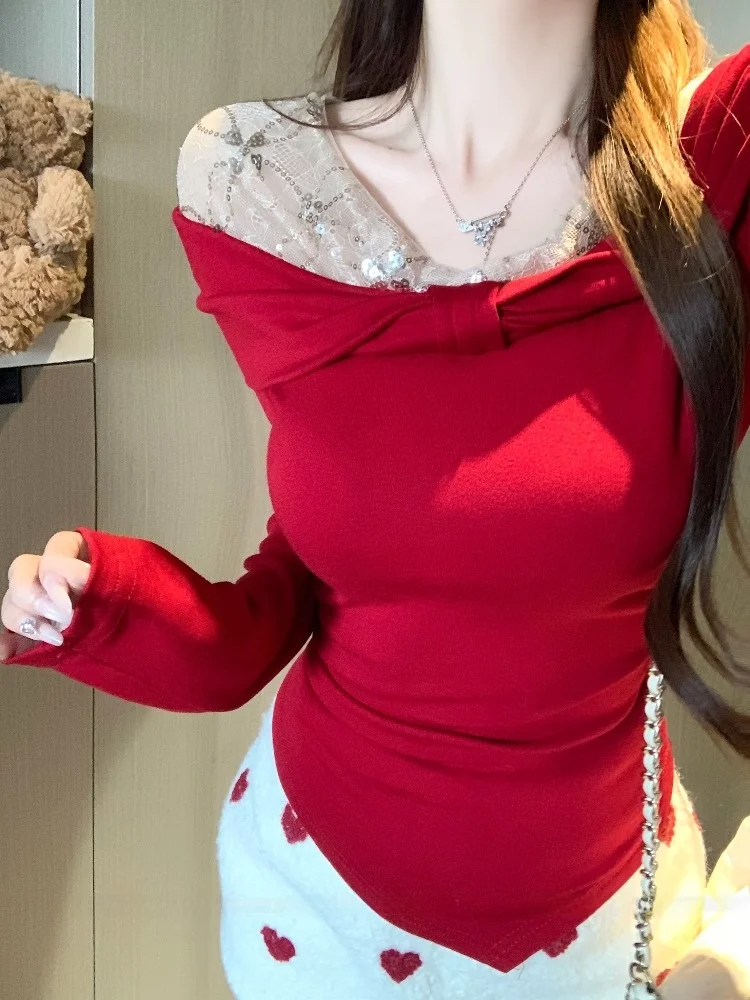 Korean Style Pure Desire Spicy Girl Lace Patchwork Shoulder Bared T Shirt Women Spring Autumn Short Inner Wear Base Shirt Top
Korean Style Pure Desire Spicy Girl Lace Patchwork Shoulder Bared T Shirt Women Spring Autumn Short Inner Wear Base Shirt Top