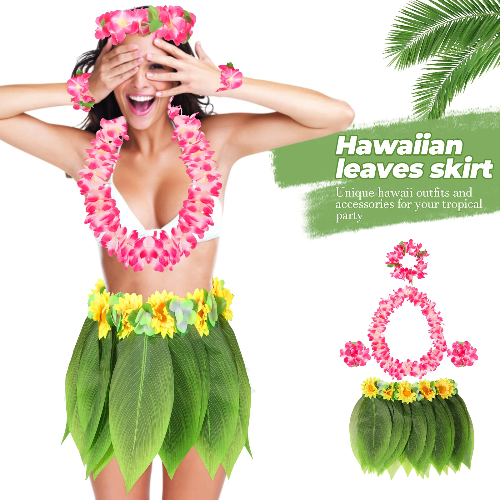 5 pcs Green Leaves Skirt Hawaiian Outfits Luau Costume Set Party Supplies Necklace Bracelets Headband Tropical Events
5 pcs Green Leaves Skirt Hawaiian Outfits Luau Costume Set Party Supplies Necklace Bracelets Headband Tropical Events