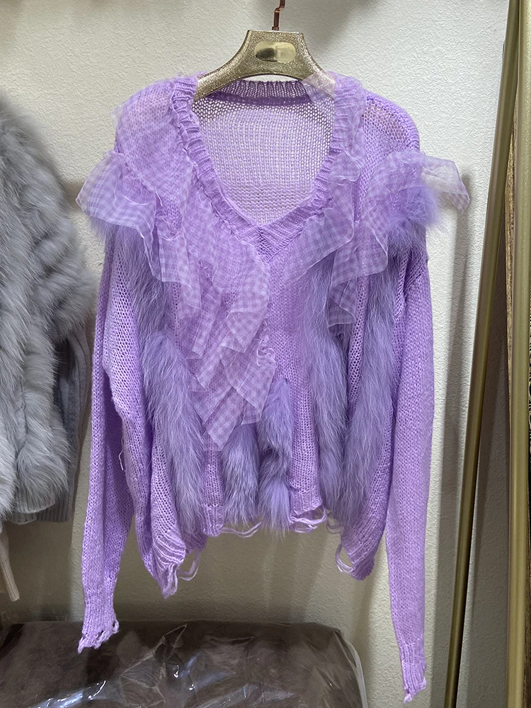 Spring Women Design Purple Real Fox Fur Oversize Loose Thin Fox Fur Decoration Lady's Fashion Knitting Sweater Coat
Spring Women Design Purple Real Fox Fur Oversize Loose Thin Fox Fur Decoration Lady's Fashion Knitting Sweater Coat