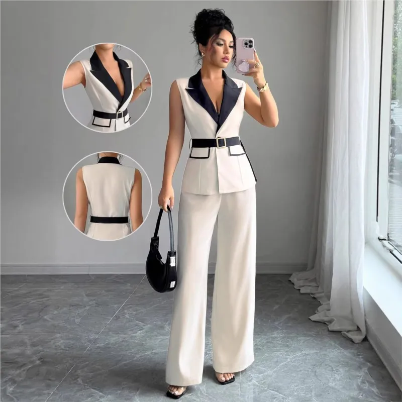 Elegant Women Slim Waistcoat Two Piece Sets Spring Summer Notched Collar Sleeveless Vest Jacket With Belt & Wide Leg Pants Set
Elegant Women Slim Waistcoat Two Piece Sets Spring Summer Notched Collar Sleeveless Vest Jacket With Belt & Wide Leg Pants Set