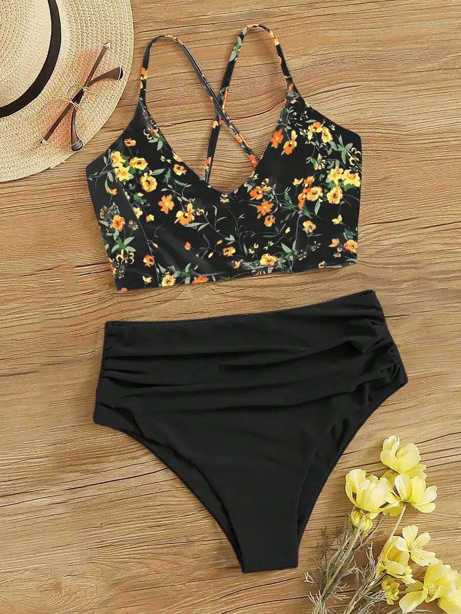 Black Floral Print V-Neck Cross-Strap Bikini With High-Waisted Solid Bottom For Summer Beach Wear
Black Floral Print V-Neck Cross-Strap Bikini With High-Waisted Solid Bottom For Summer Beach Wear