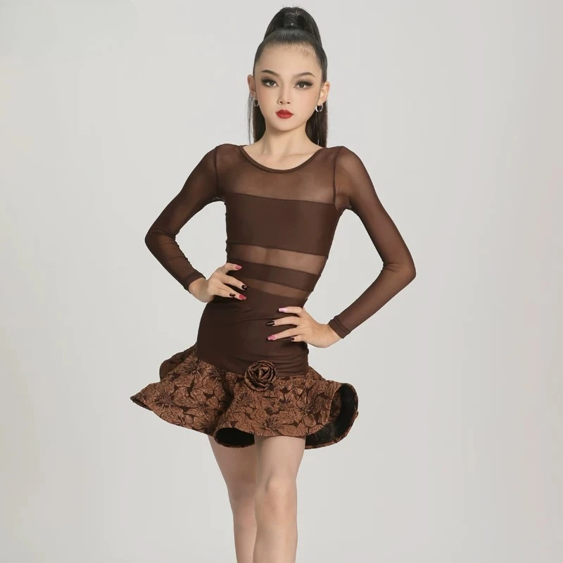2 Piece Girls Latin Dance Dress, Brown Sheer Mesh Long Sleeve 3D Rose Jacquard Ruffle Skirt for Latin Ballroom Competition
2 Piece Girls Latin Dance Dress, Brown Sheer Mesh Long Sleeve 3D Rose Jacquard Ruffle Skirt for Latin Ballroom Competition
