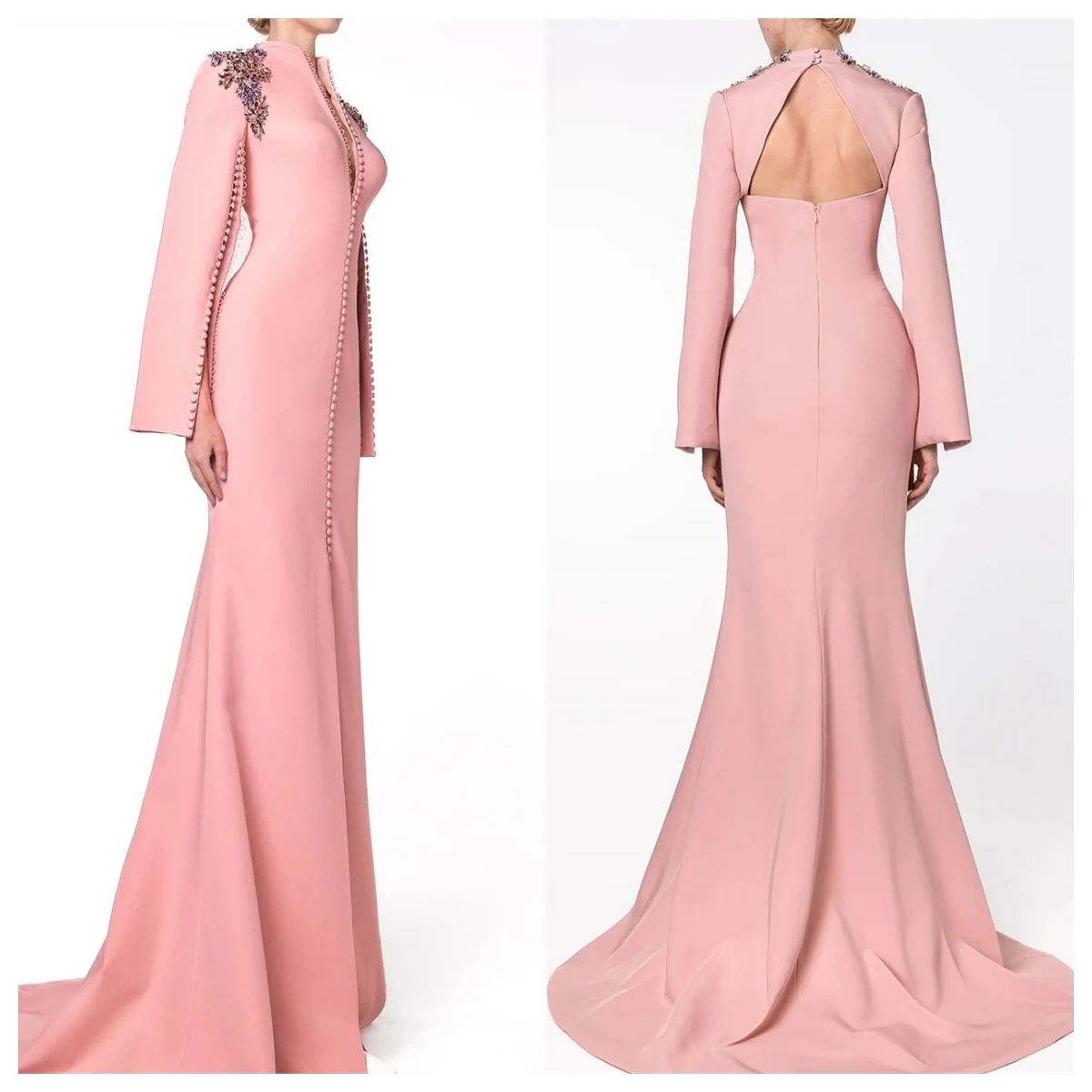 Customized Exquisite Pink Jersey Evening Dress V-Neck Long Sleeves Celebrity Gowns Bespoke Occasion Gowns Buttons Appl
Customized Exquisite Pink Jersey Evening Dress V-Neck Long Sleeves Celebrity Gowns Bespoke Occasion Gowns Buttons Appl