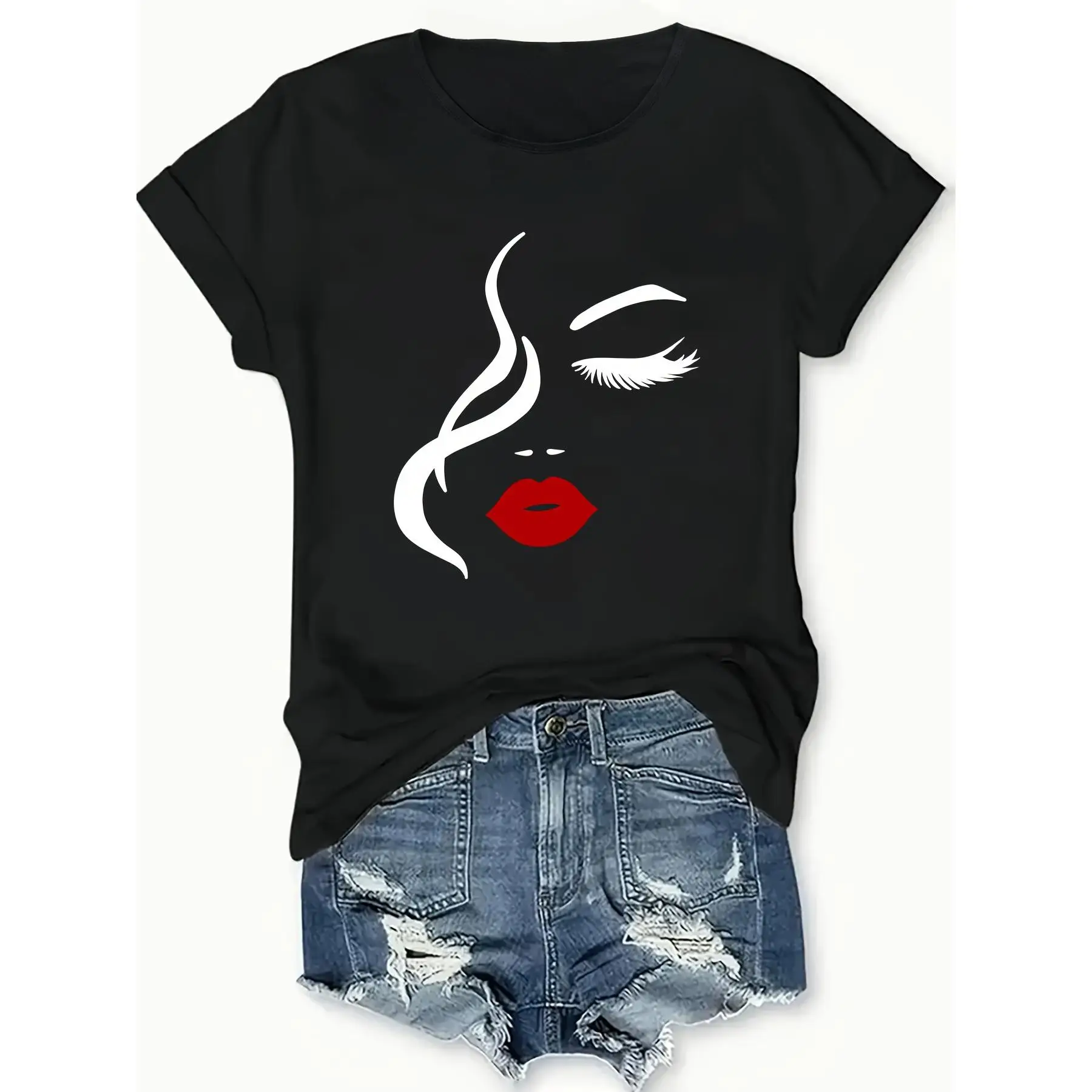 Minimalist Graphic T-shirt, Woman Face Art Print Tee, Red Lips Slogan, Aesthetic Portrait Top, Eyelash Eyes Graphic for Women
Minimalist Graphic T-shirt, Woman Face Art Print Tee, Red Lips Slogan, Aesthetic Portrait Top, Eyelash Eyes Graphic for Women