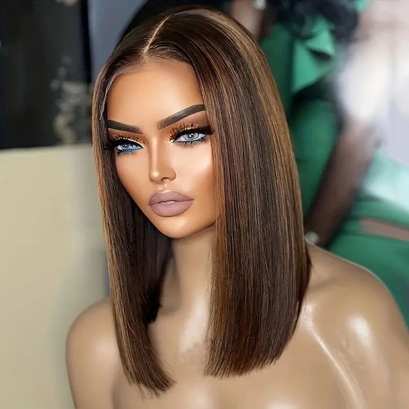 Fashionable and breathable front lace bob wig with middle parting, short straight synthetic hair, piano color
Fashionable and breathable front lace bob wig with middle parting, short straight synthetic hair, piano color