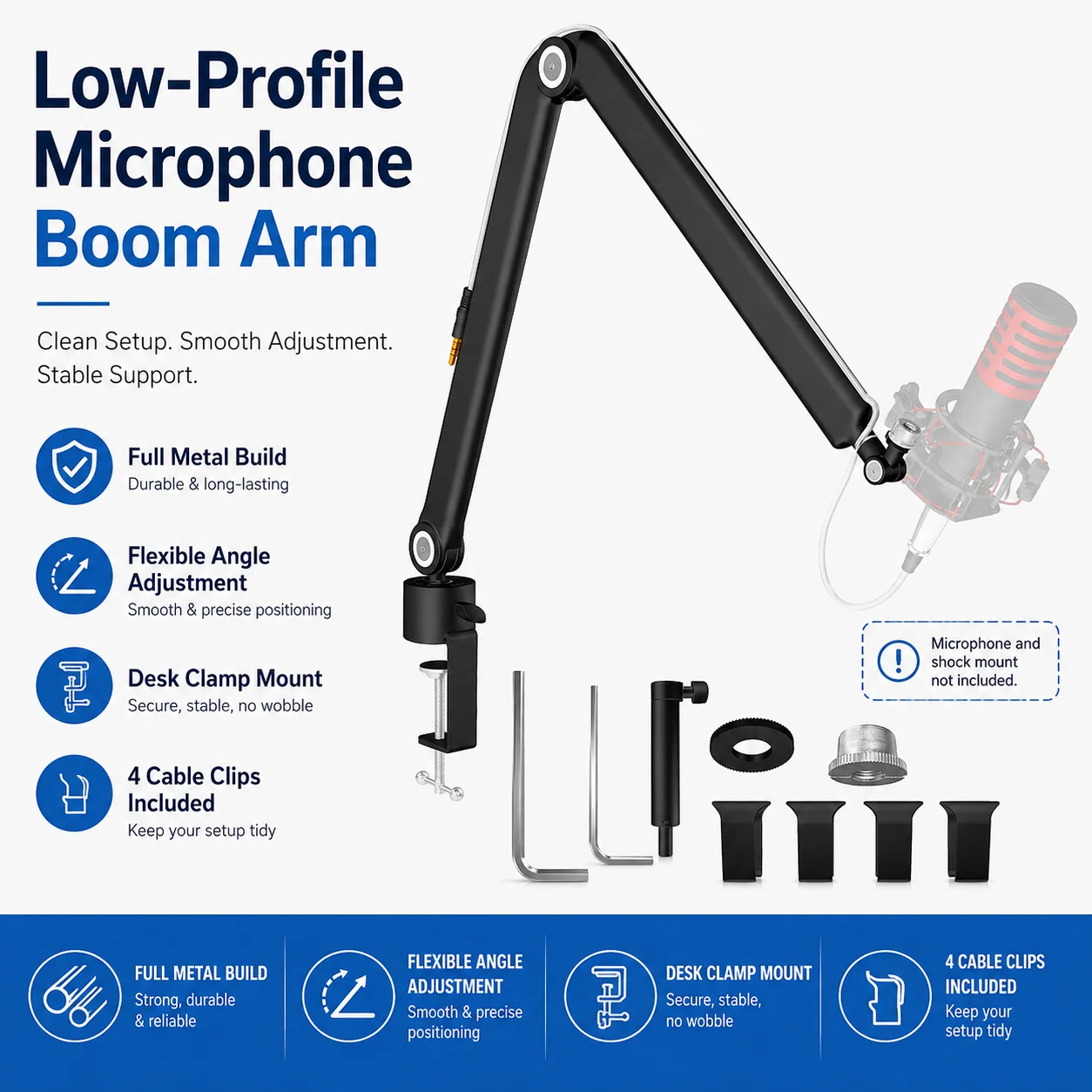 Professional Low-Profile Mic Boom Arm, All Metal Build, 360° Adjustable Suspension Stand with Cable Management, No Wobble for SM
Professional Low-Profile Mic Boom Arm, All Metal Build, 360° Adjustable Suspension Stand with Cable Management, No Wobble for SM