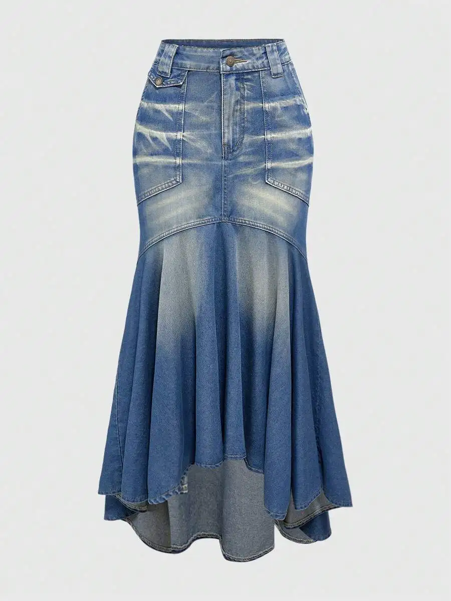 Distressed Wash Denim Mermaid Hem Maxi Skirt with Pockets
Distressed Wash Denim Mermaid Hem Maxi Skirt with Pockets