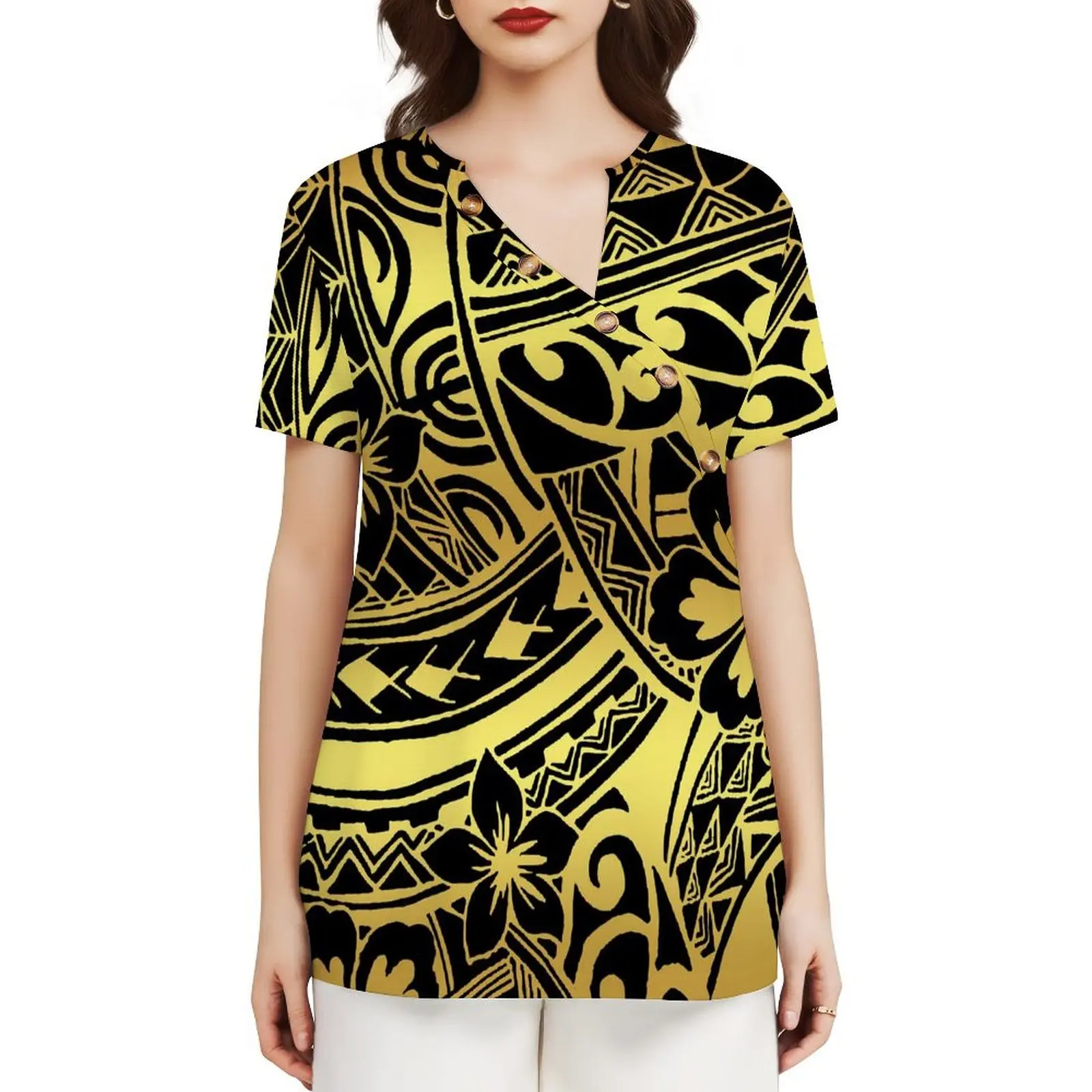2024 Women Button-Up Top Fashion Summer Loose Casual Short Sleeve T-Shirt Polynesian Tribal Design Print
2024 Women Button-Up Top Fashion Summer Loose Casual Short Sleeve T-Shirt Polynesian Tribal Design Print