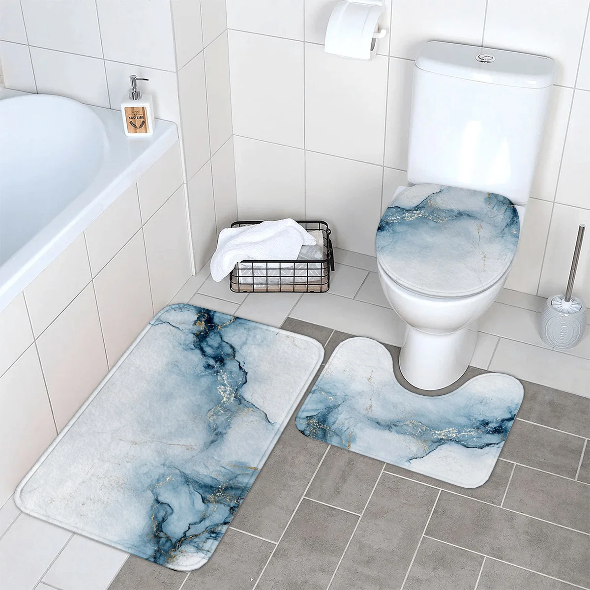 Изысканный мраморный набор для ванной комнаты из 3 предметов, нескользящий коврик, U-образный коврик, сиденье для унитаза, полиэфирная ткань, можно стирать в машине.
Изысканный мраморный набор для ванной комнаты из 3 предметов, нескользящий коврик, U-образный коврик, сиденье для унитаза, полиэфирная ткань, можно стирать в машине.
