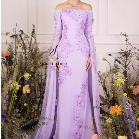 Customized Lavender Chiffon and Sparkly Sequined Evening Dress with 3D Flowers Boat Neck Off the Shoulder Long Sleeve
Customized Lavender Chiffon and Sparkly Sequined Evening Dress with 3D Flowers Boat Neck Off the Shoulder Long Sleeve