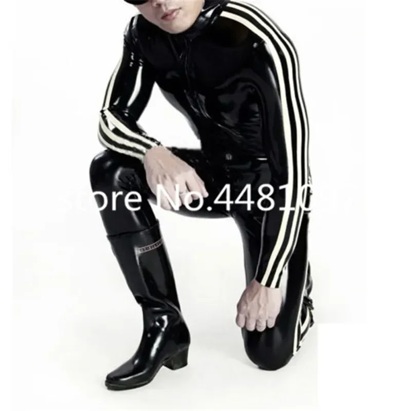 Black Latex Catsuit Man Rubber Bodysuits with White Strips No Socks Club Wear with Front Zipper
Black Latex Catsuit Man Rubber Bodysuits with White Strips No Socks Club Wear with Front Zipper