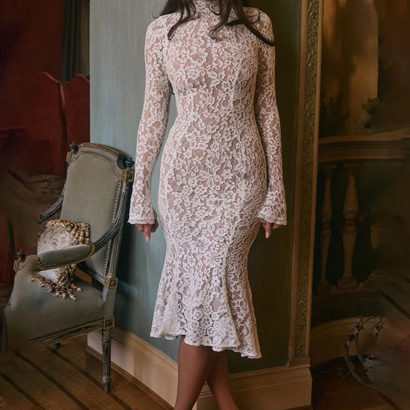 Elegant Long Sleeve High Neck Slim Fit Lace Midi Dress Women Solid Color
Elegant Long Sleeve High Neck Slim Fit Lace Midi Dress Women Solid Color