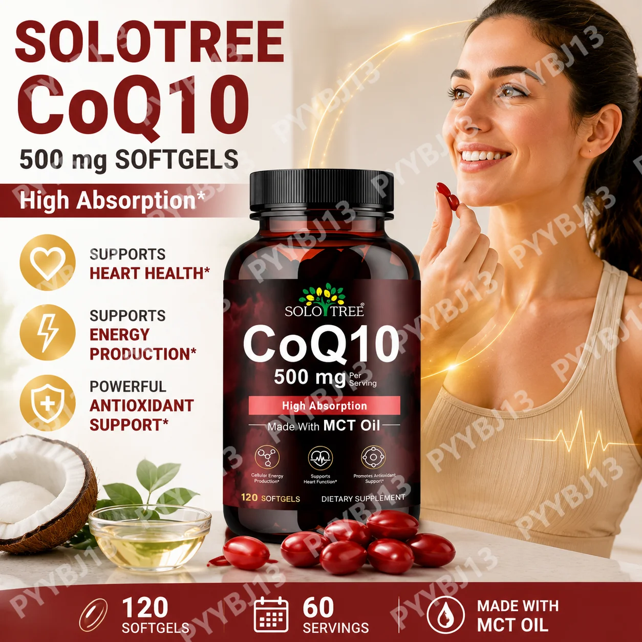 SOLOTREE CoQ10 Softgels, 500mg with MCT Oil for High Absorption, 120 Count Non‑GMO Gluten‑Free Formula, Boost Heart Function
SOLOTREE CoQ10 Softgels, 500mg with MCT Oil for High Absorption, 120 Count Non‑GMO Gluten‑Free Formula, Boost Heart Function