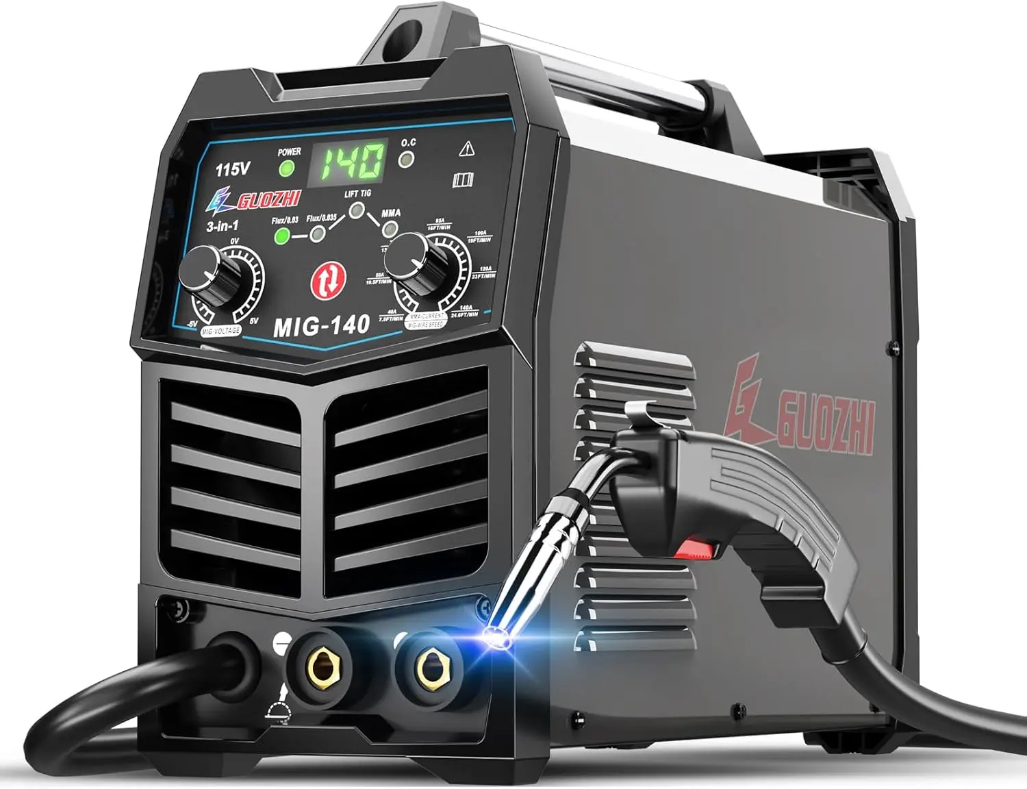 3 in 1 MIG Welder 140A, Flux Core/ARC/Lift TIG, 110V IGBT Inverter, Gasless Welding Machine with Welding Gun
3 in 1 MIG Welder 140A, Flux Core/ARC/Lift TIG, 110V IGBT Inverter, Gasless Welding Machine with Welding Gun
