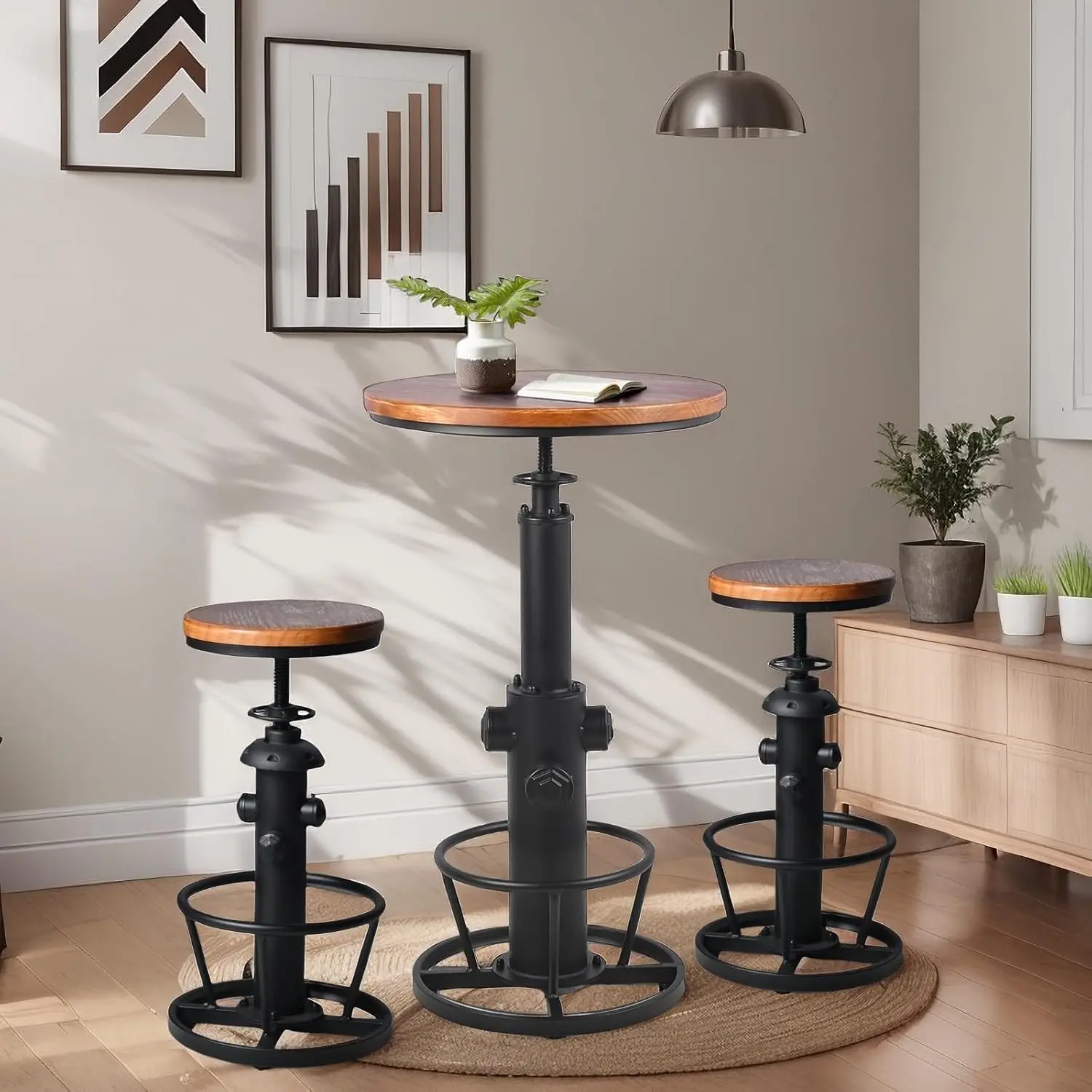 Industrial 3 Piece Bar Table Set Fire Hydrant Design Adjustable Swivel Stools Black, Customized
Industrial 3 Piece Bar Table Set Fire Hydrant Design Adjustable Swivel Stools Black, Customized