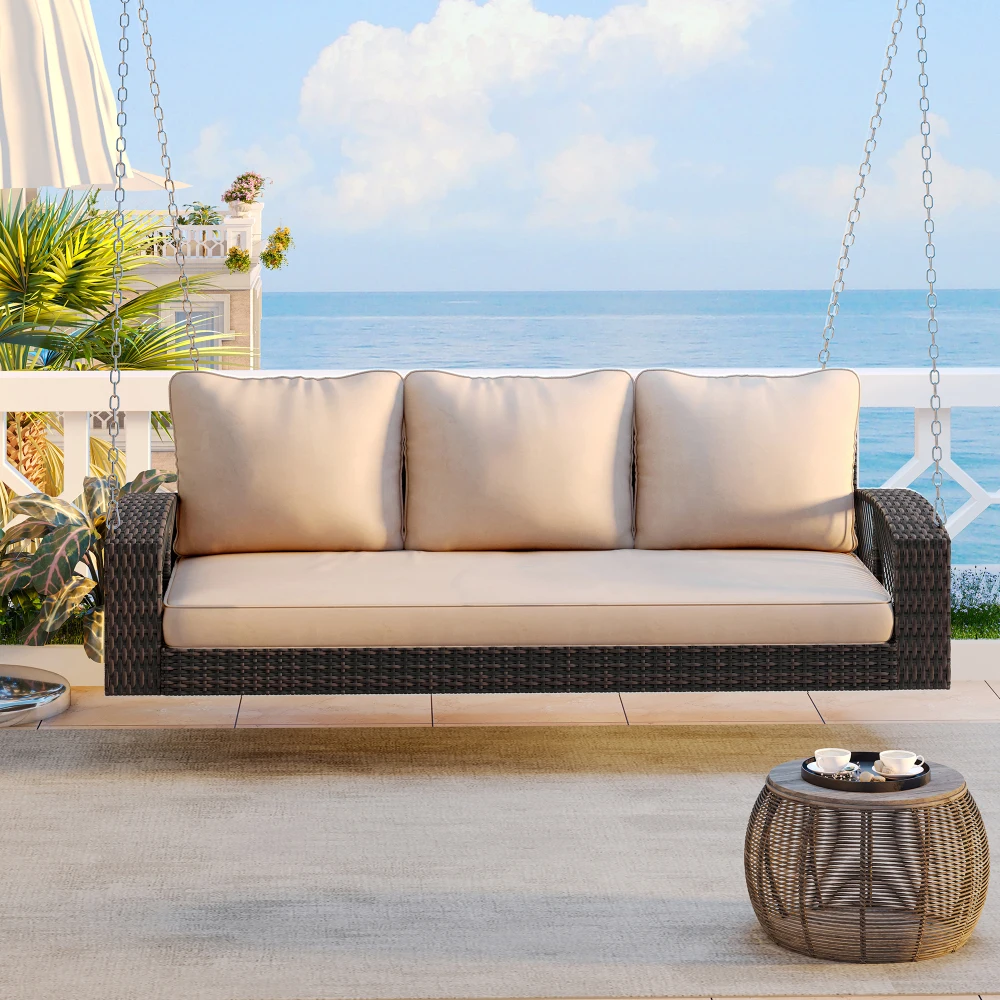 69" PE Wicker 3-Person Porch Swing with Chains, Large Patio Swing Bench with Cushions for Backyard, Garden, and Poolside, Brown
69" PE Wicker 3-Person Porch Swing with Chains, Large Patio Swing Bench with Cushions for Backyard, Garden, and Poolside, Brown