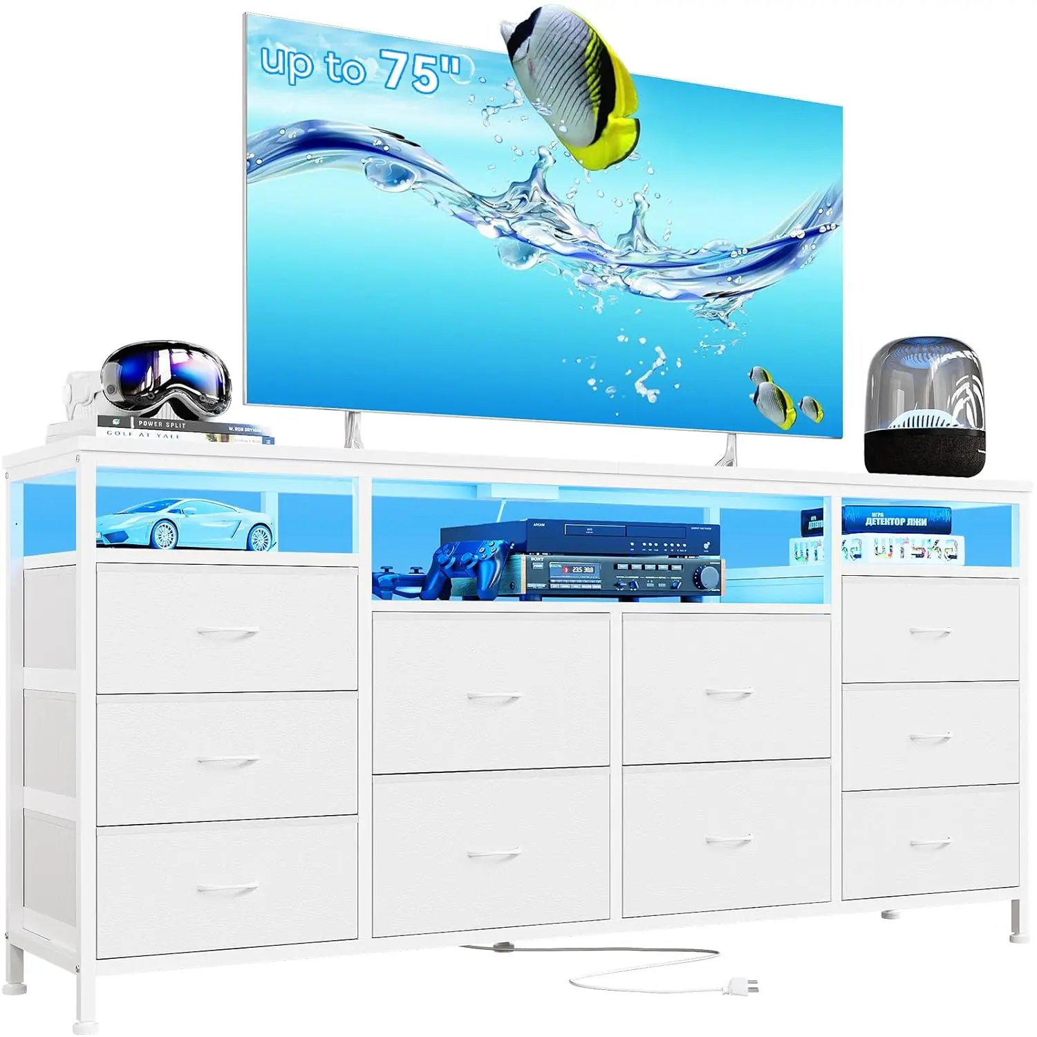 10 Drawer LED TV Stand Dresser 63" W Entertainment Center with Power Outlets for Bedroom, Customized
10 Drawer LED TV Stand Dresser 63" W Entertainment Center with Power Outlets for Bedroom, Customized