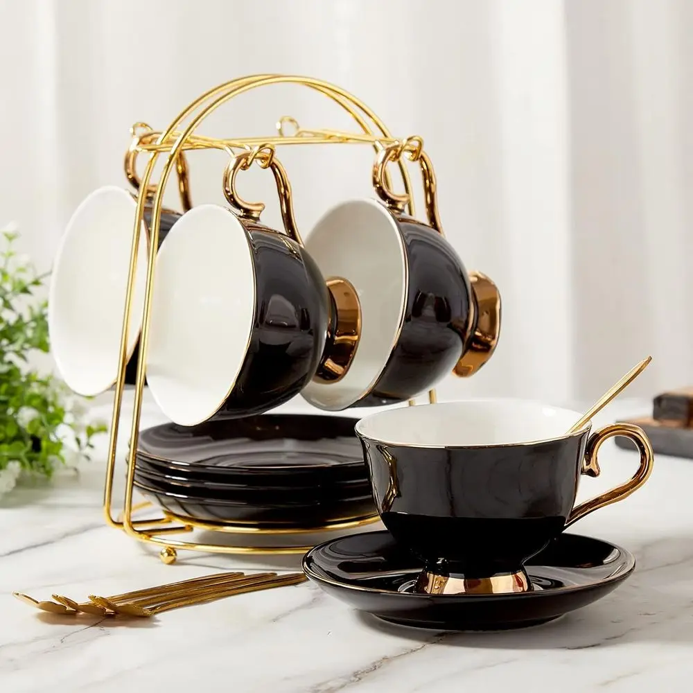 Elegant 4-Piece Black Tea Cups and Saucers Set with Metal Stand, Luxurious British-Style Porcelain Tea Party Collection
Elegant 4-Piece Black Tea Cups and Saucers Set with Metal Stand, Luxurious British-Style Porcelain Tea Party Collection