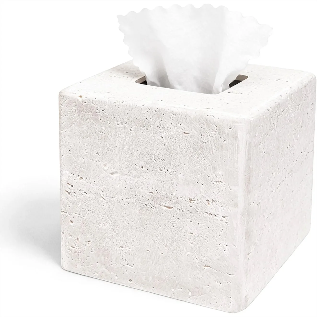 Square Tissue Box Cover - White Resin Holder for Bathroom, Bedroom, Countertop, Modern Stone Look
Square Tissue Box Cover - White Resin Holder for Bathroom, Bedroom, Countertop, Modern Stone Look