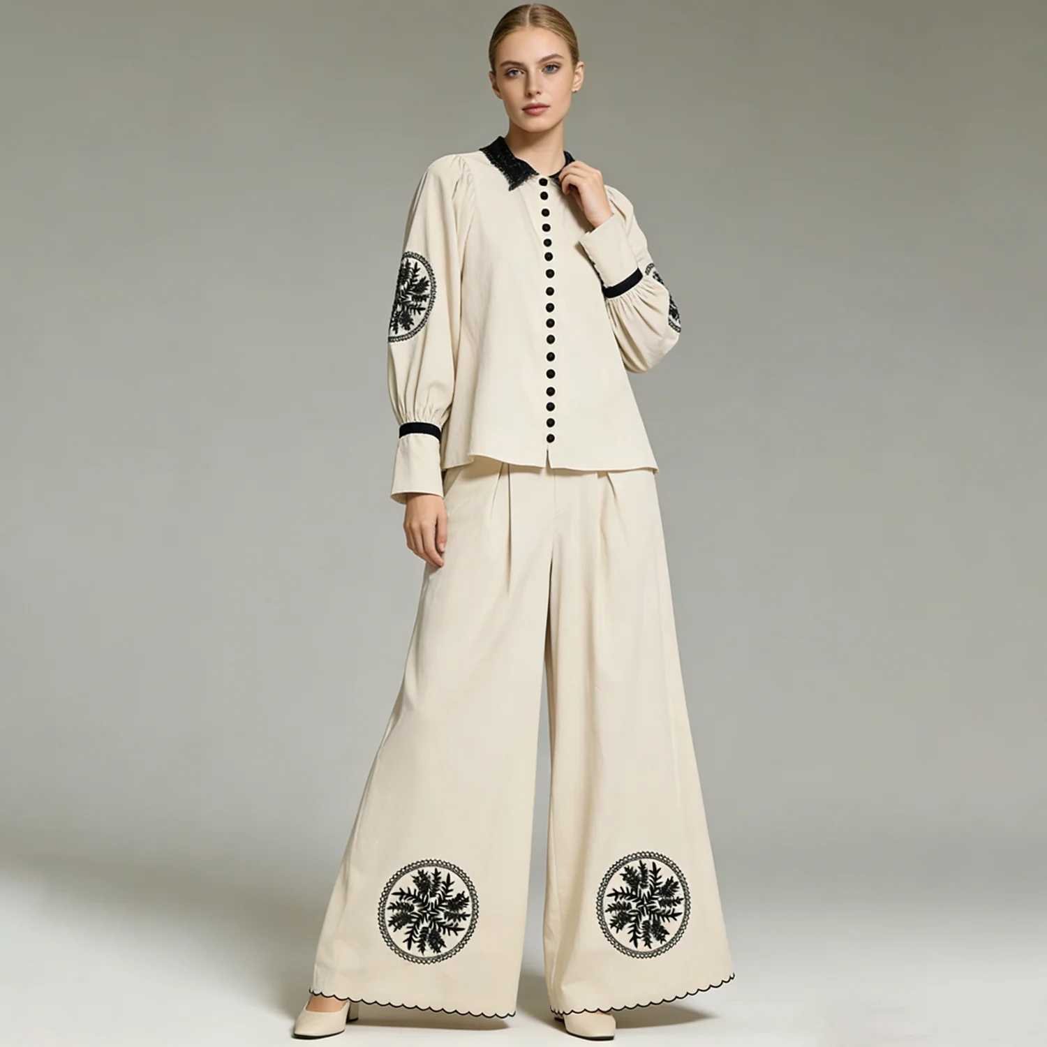 LIMO Vintage Embroidered 2-Piece Set:Puff-sleeve shirt+high-waist wide-leg pants. Exquisite embroidery, for casual&office looks.
LIMO Vintage Embroidered 2-Piece Set:Puff-sleeve shirt+high-waist wide-leg pants. Exquisite embroidery, for casual&office looks.