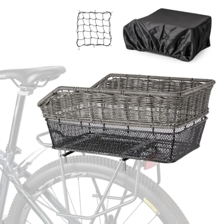 Rear Bike Basket - Large Bicycle Rear Basket with Cargo Net and Waterproof Cover, Hand-Woven Baskets Rear Large Capacity
Rear Bike Basket - Large Bicycle Rear Basket with Cargo Net and Waterproof Cover, Hand-Woven Baskets Rear Large Capacity