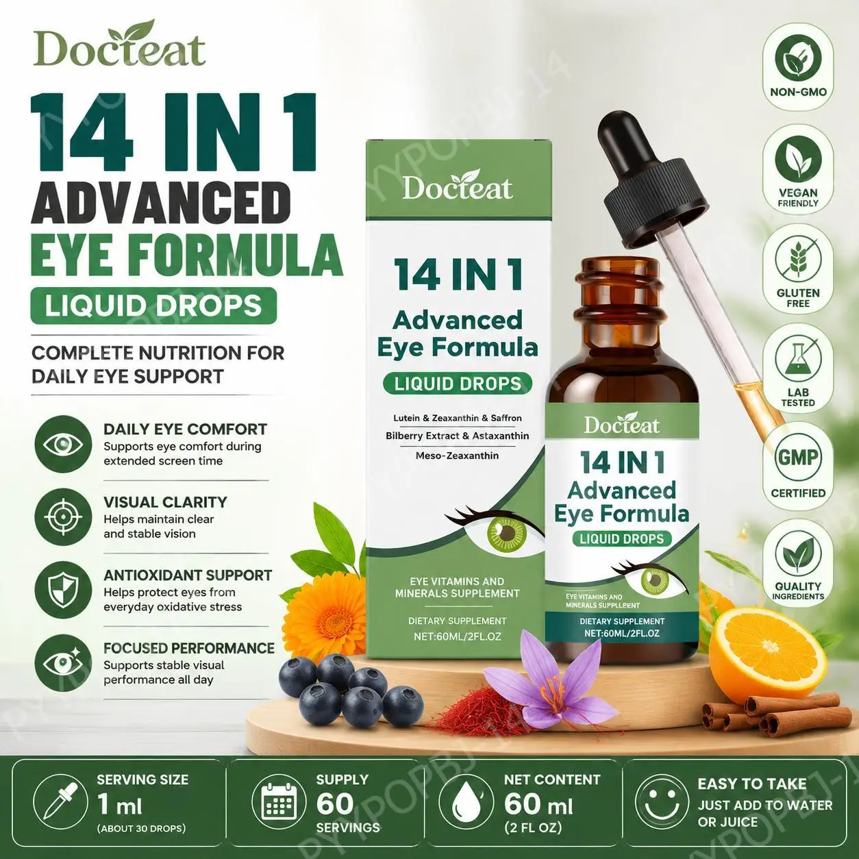 Docteat Lutein Zeaxanthin Liquid Drops Screen-Focused Eye Comfort with Omega-3 and Bilberry 14 in 1 Multi-Pathway Formula 60 Ml
Docteat Lutein Zeaxanthin Liquid Drops Screen-Focused Eye Comfort with Omega-3 and Bilberry 14 in 1 Multi-Pathway Formula 60 Ml