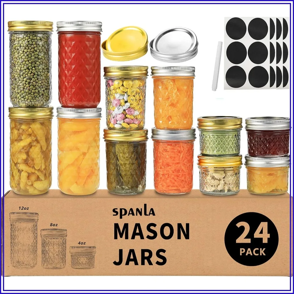 24 Pack Mason Jars with Lids - 4oz, 8oz, 12oz for Canning, Jam, Spices, Wedding Favors
24 Pack Mason Jars with Lids - 4oz, 8oz, 12oz for Canning, Jam, Spices, Wedding Favors