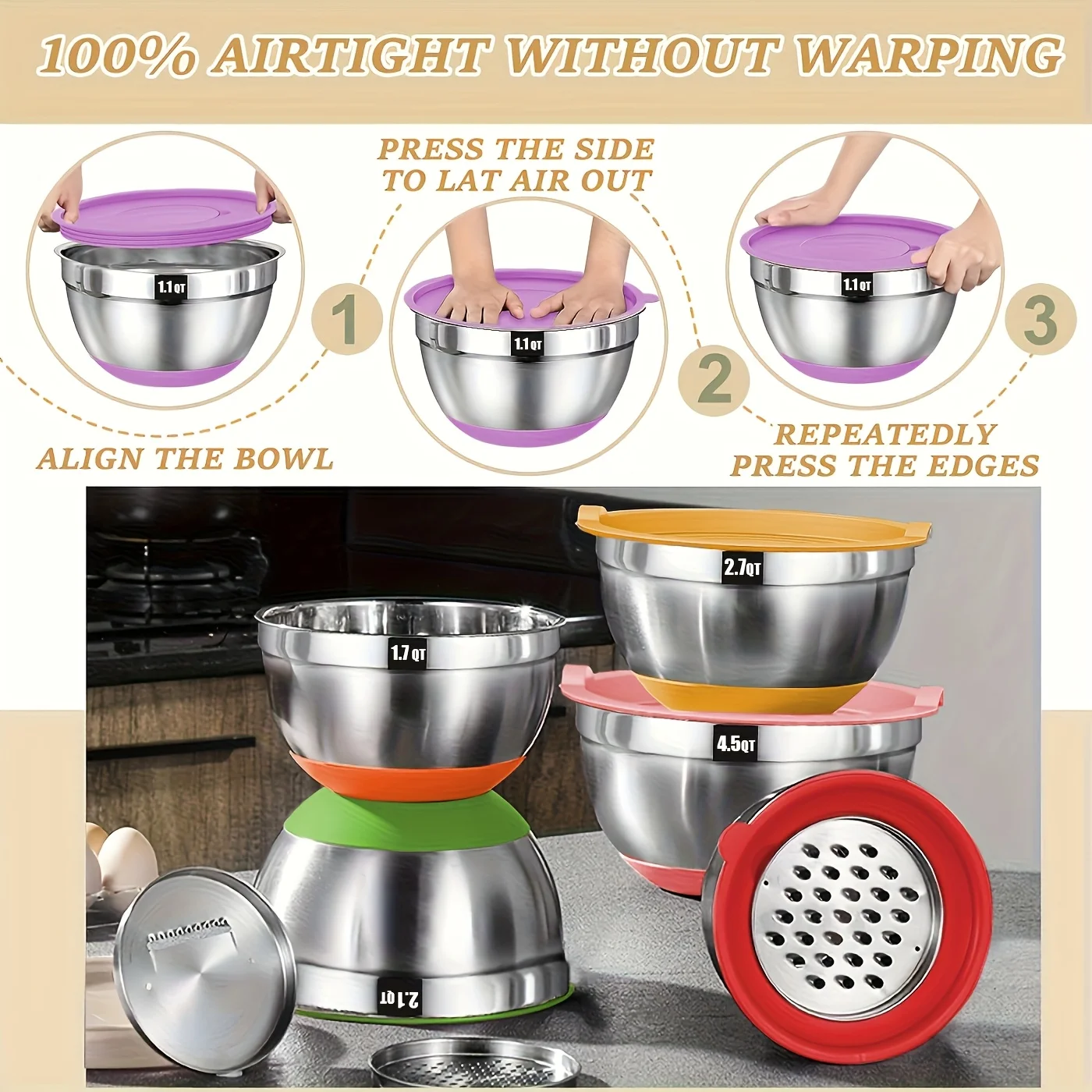 Stainless Steel Mixing Bowl Set Of 26pcs, Including 6 Bowls+20 Kitchen Tools+3 Types Of Sharpening Heads+anti Slip Bottom, Sizes 7, 4, 2.5, 1QT, Suitable for Mixing And Storage, Very Suitable for Mixing And Baking
Stainless Steel Mixing Bowl Set Of 26pcs, Including 6 Bowls+20 Kitchen Tools+3 Types Of Sharpening Heads+anti Slip Bottom, Sizes 7, 4, 2.5, 1QT, Suitable for Mixing And Storage, Very Suitable for Mixing And Baking