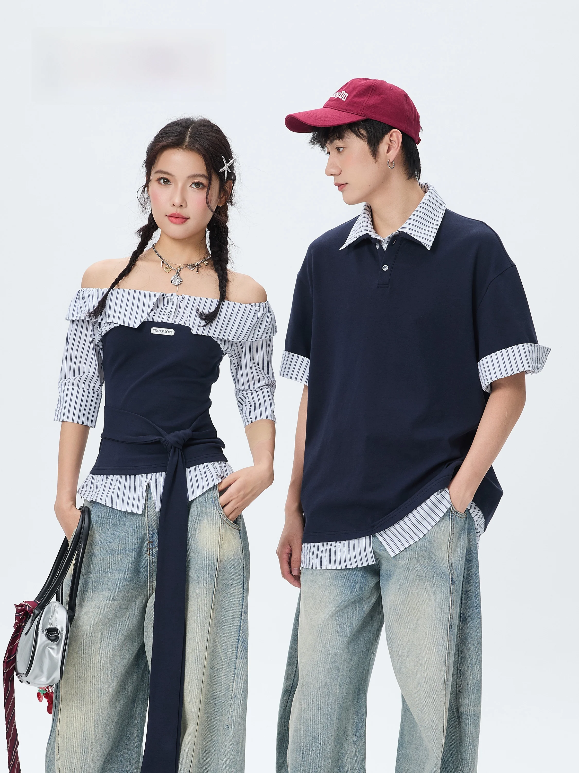 Couple's Striped Shoulder Bared Short Sleeve T-Shirt Fake Two-Piece Cotton Shirt Men's Women's Summer New Style Casual L...
Couple's Striped Shoulder Bared Short Sleeve T-Shirt Fake Two-Piece Cotton Shirt Men's Women's Summer New Style Casual L...