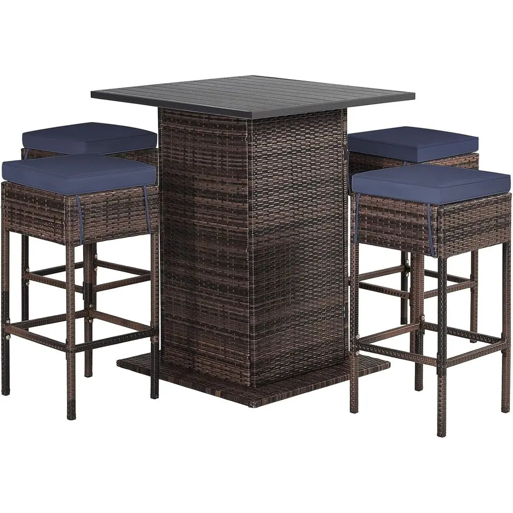 5-Piece Navy Blue Outdoor Bar Set with Wicker Rattan, 4 Cushioned Stools & Storage Table
5-Piece Navy Blue Outdoor Bar Set with Wicker Rattan, 4 Cushioned Stools & Storage Table