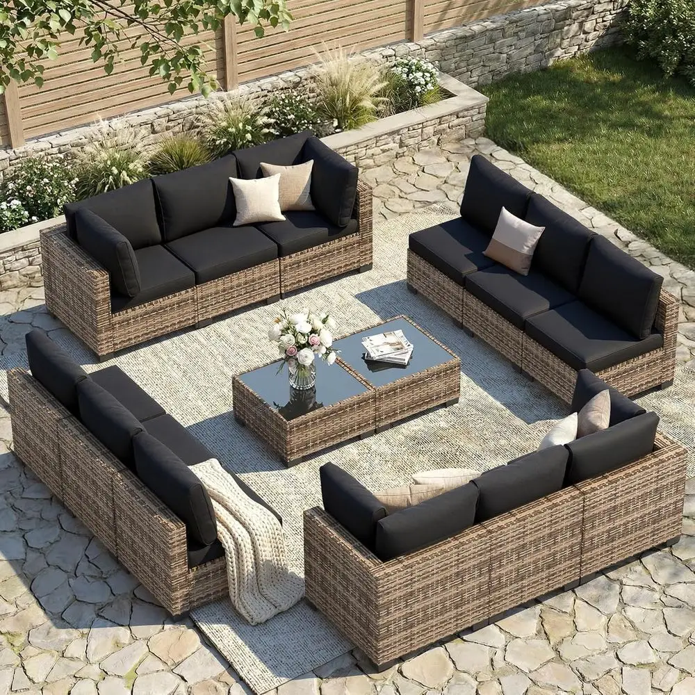 14-Piece Wicker Sectional Patio Sofa Set with Cushions and Glass Coffee Table - Yellow/Black for Outdoor Spaces
14-Piece Wicker Sectional Patio Sofa Set with Cushions and Glass Coffee Table - Yellow/Black for Outdoor Spaces