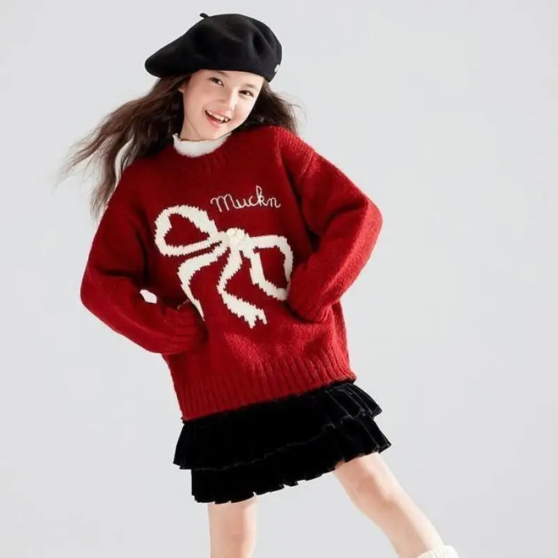 Hot Girls' Christmas Red Knitted Sweater, Medium To Large Children's Sweater, 2025 New Western Style Butterfly Knot Sweater
Hot Girls' Christmas Red Knitted Sweater, Medium To Large Children's Sweater, 2025 New Western Style Butterfly Knot Sweater