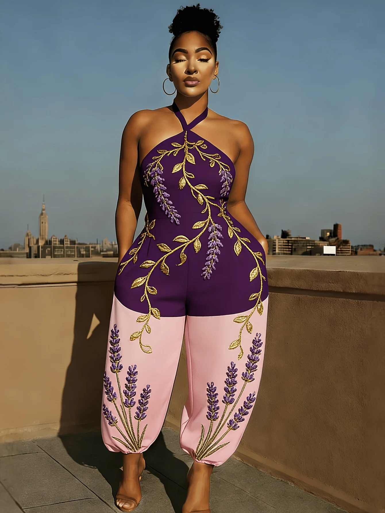 Elegant Lavender Color Block Halter Jumpsuit Purple Pink Sleeveless Harem Pants with Pockets Women's Vacation Gift
Elegant Lavender Color Block Halter Jumpsuit Purple Pink Sleeveless Harem Pants with Pockets Women's Vacation Gift