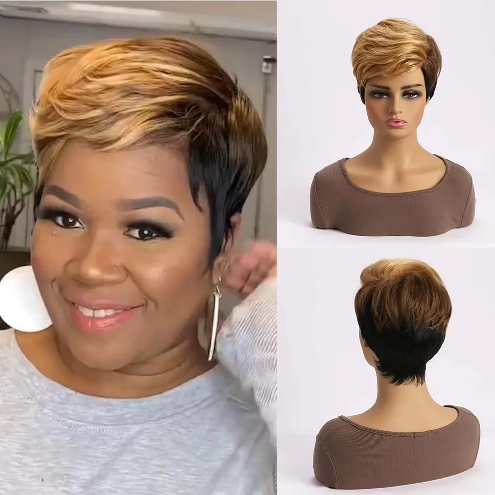 Short Pixie Cut Wig Gold Yellow Mixed Black Synthetic Curly Wigs with Bang Dark Roots Ombre Wig for Women Breathable Fake Hair
Short Pixie Cut Wig Gold Yellow Mixed Black Synthetic Curly Wigs with Bang Dark Roots Ombre Wig for Women Breathable Fake Hair