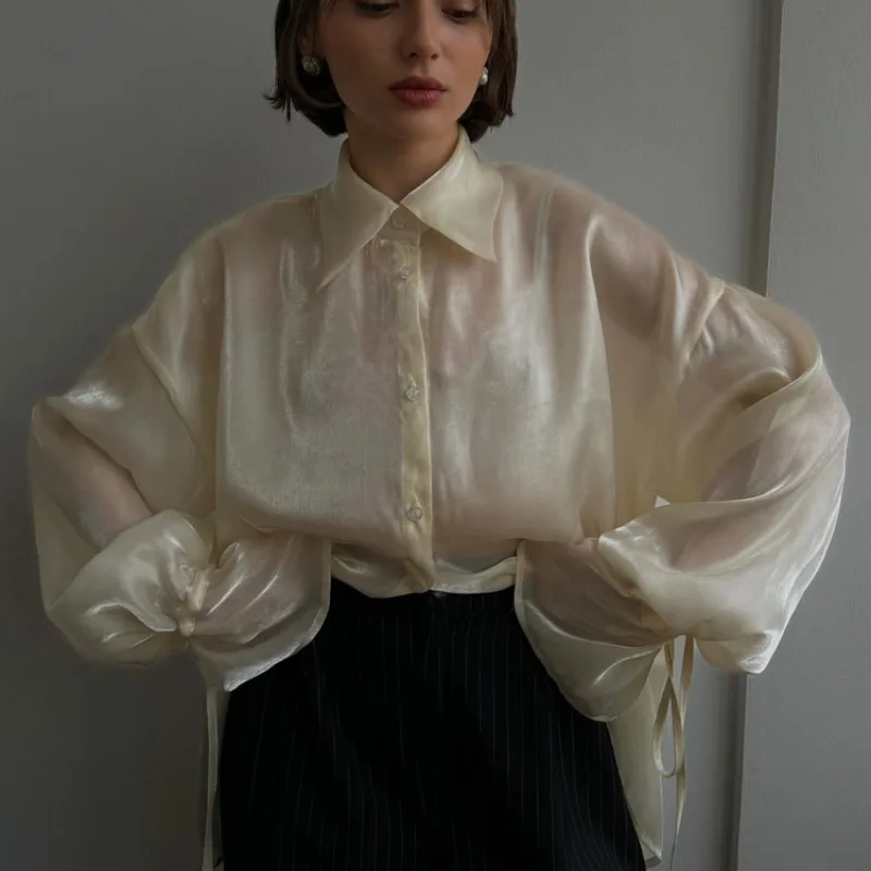 Sexy Women See Through Blouse Summer Autumn Elegant Long Flare Sleeve Button Down Sunscreen Shirt Loose Flowing Yarn Light Top
Sexy Women See Through Blouse Summer Autumn Elegant Long Flare Sleeve Button Down Sunscreen Shirt Loose Flowing Yarn Light Top