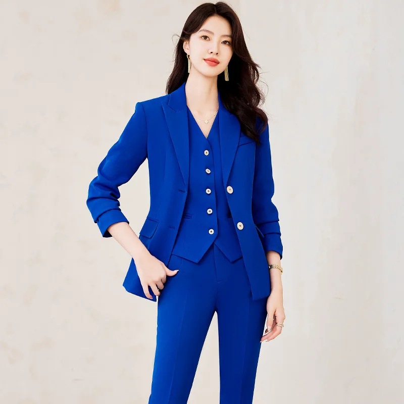 Fashion Royal Blue Women's 3 Piece Blazer Suit Set with Vest And High Waist Pants Long Sleeve Solid Office Wear Female Outfit
Fashion Royal Blue Women's 3 Piece Blazer Suit Set with Vest And High Waist Pants Long Sleeve Solid Office Wear Female Outfit