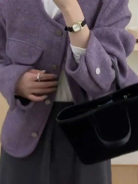 Ele Purple Woolen Coat Women's ort Sle Korean System Spring New Arrival High Waist Design Low round Ne Button Closure
Ele Purple Woolen Coat Women's ort Sle Korean System Spring New Arrival High Waist Design Low round Ne Button Closure