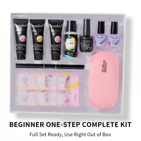 Ovanlee 10pcs Gift Box Packaging, Cleaning Liquid + Base Gel + Bond + Nail Dehydrator + UV Lamp + Tri Color Extension Adhesive + Dual Purpose Pen + 100pcs Model A Pieces